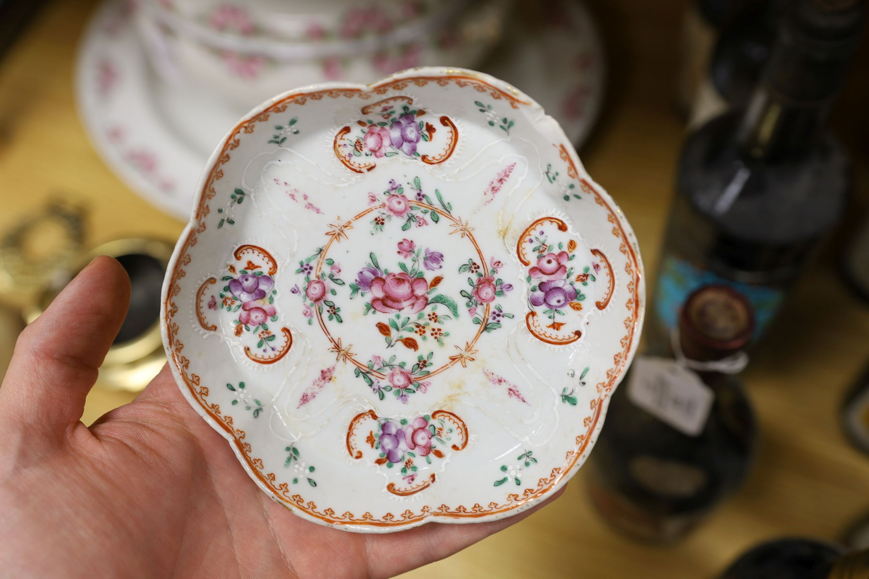 A selection of 18th century Chinese export wares, to include a teapot, tea bowls, saucers etc., some matching, tallest 16cm, (10)